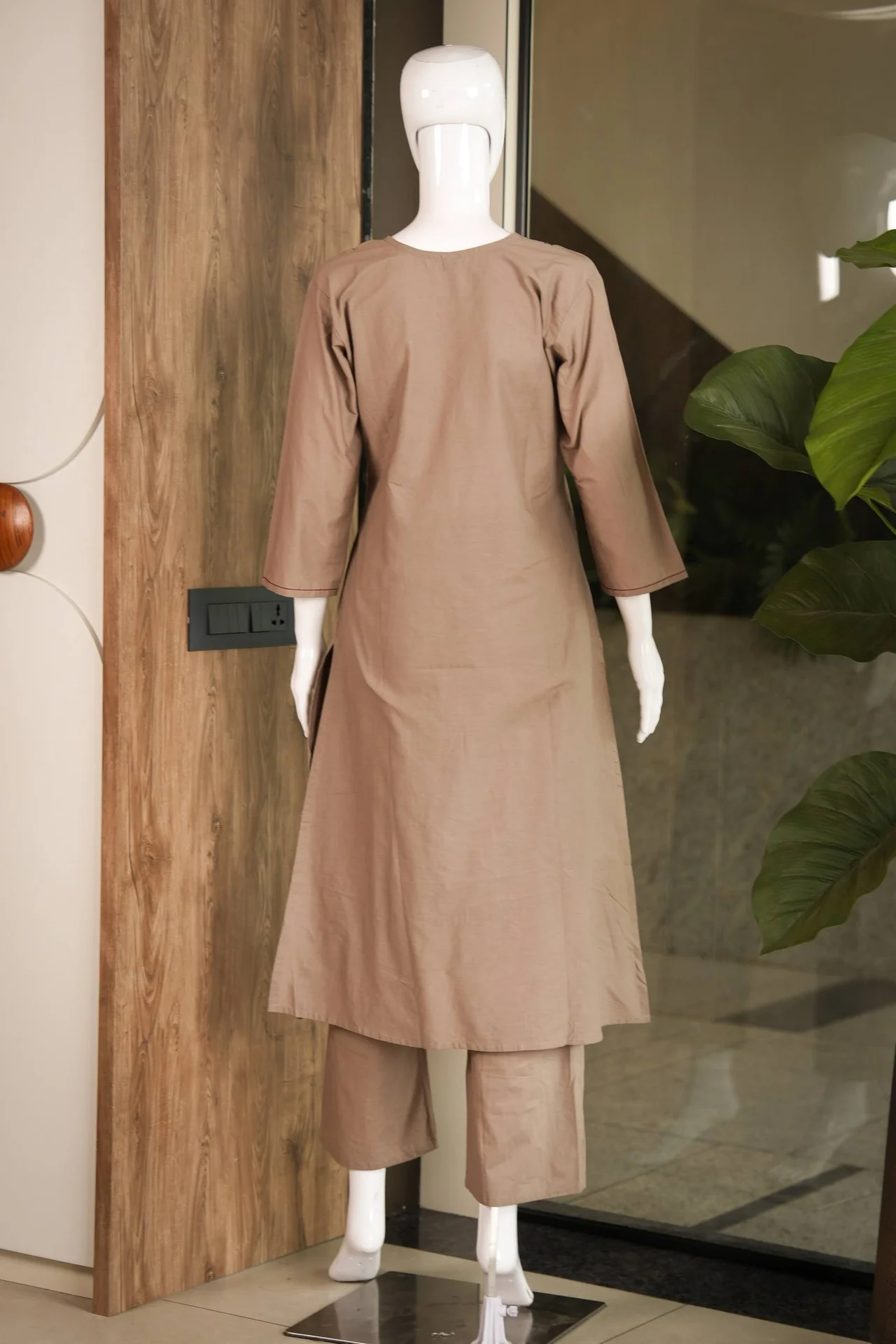 Cotton Pintuck A-Line Kurta Set with Palazzo in Mauve — photo 6 of 6