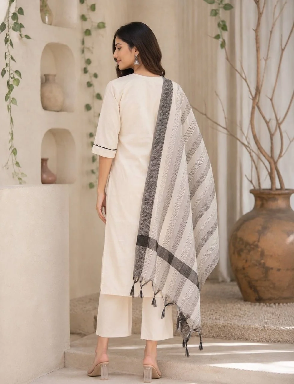 Cotton Vine Embroidered Straight Kurta Set in Off White — photo 2 of 6