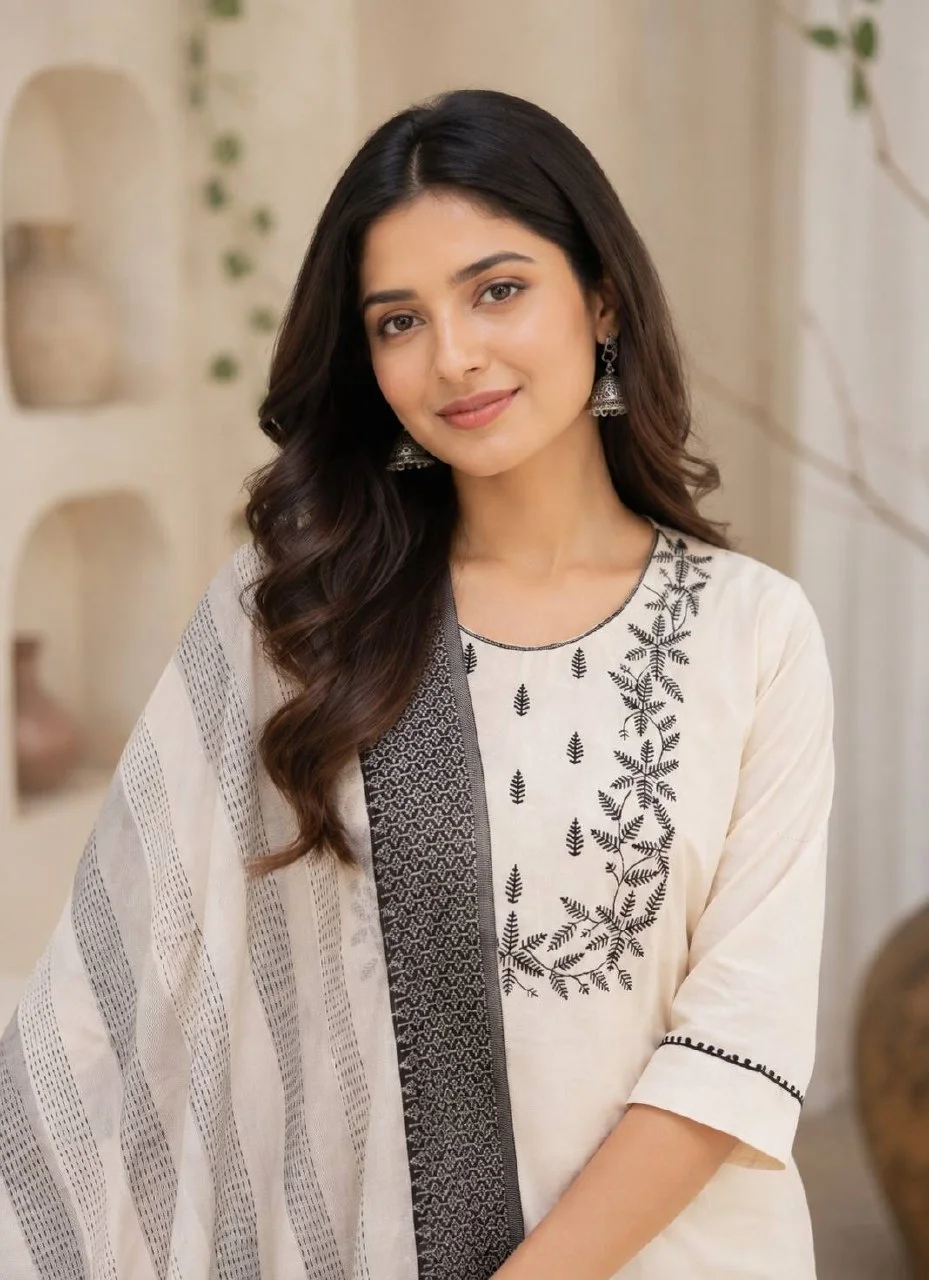 Cotton Vine Embroidered Straight Kurta Set in Off White — photo 3 of 6
