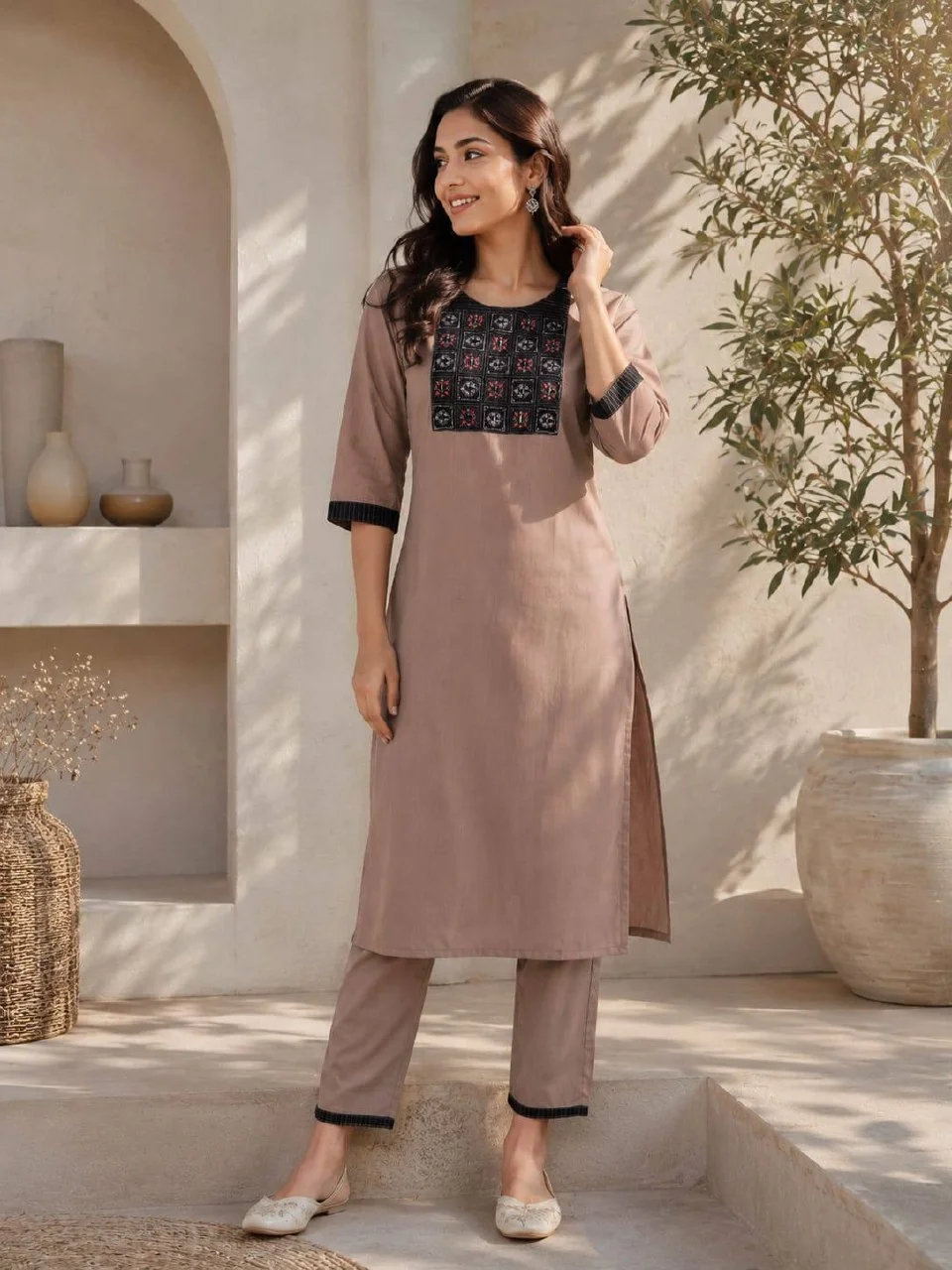 Cotton Contrast Yoke Kurta Set with Palazzo in Mauve — photo 2 of 8