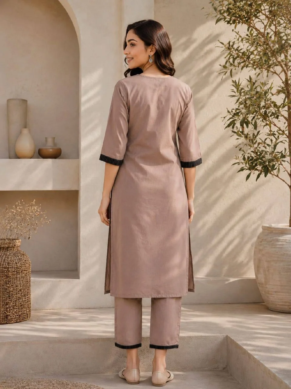 Cotton Contrast Yoke Kurta Set with Palazzo in Mauve — photo 3 of 8