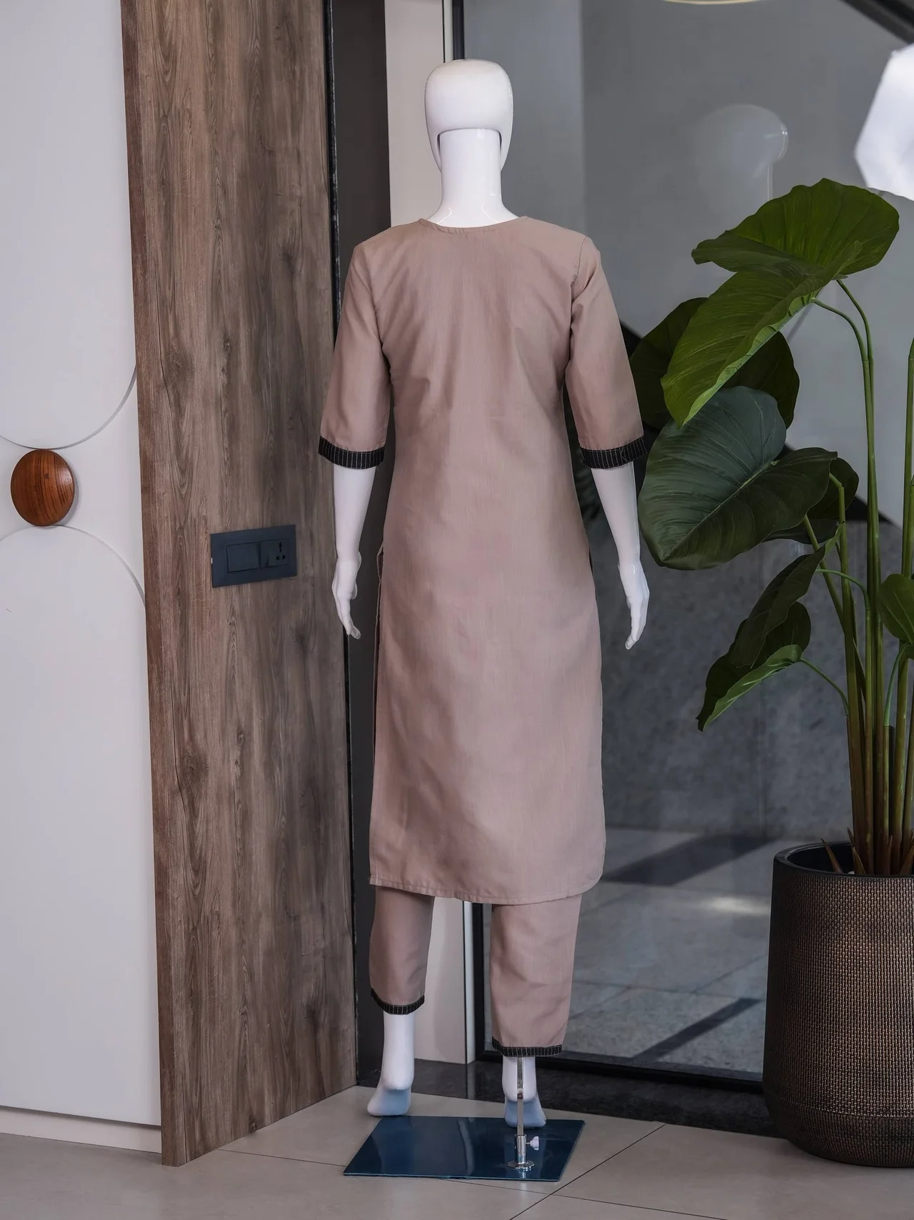 Cotton Contrast Yoke Kurta Set with Palazzo in Mauve — photo 8 of 8