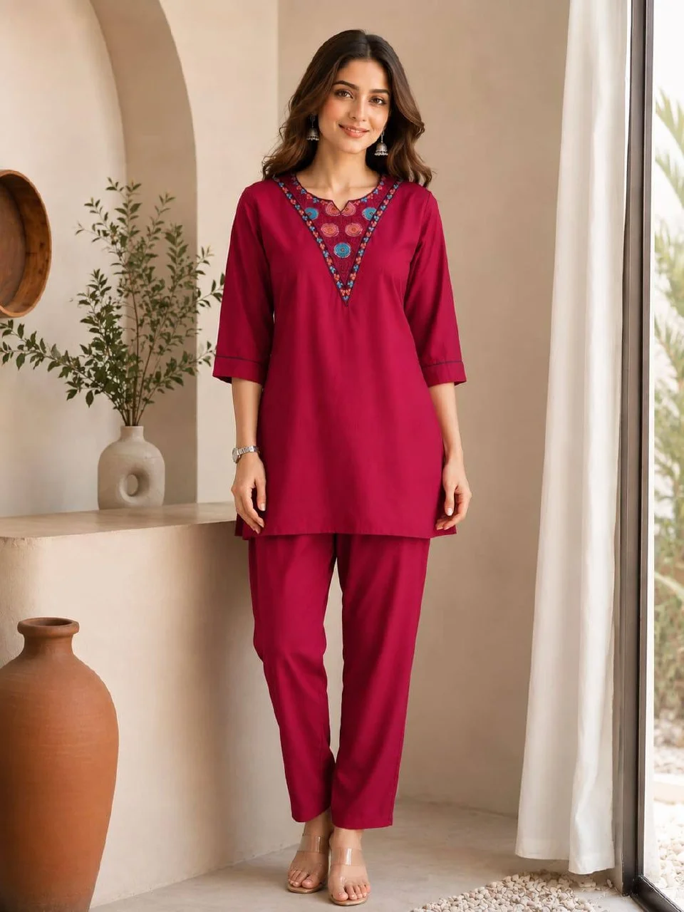 Rayon Embroidered Short Kurti Palazzo Set in Rani Pink — photo 2 of 9