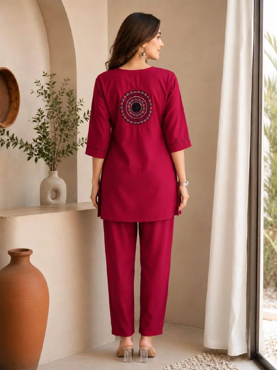 Rayon Embroidered Short Kurti Palazzo Set in Rani Pink — photo 3 of 9