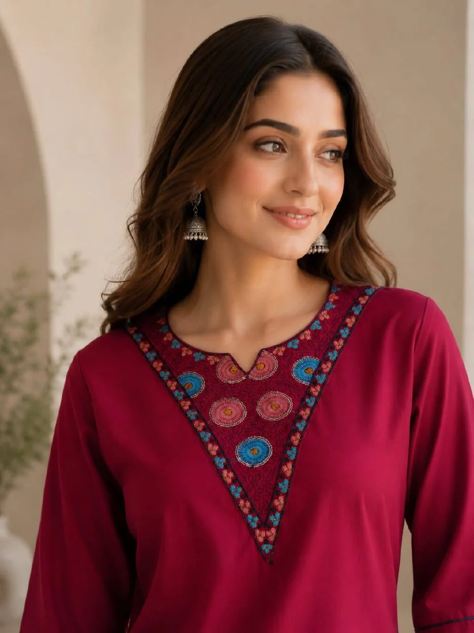 Rayon Embroidered Short Kurti Palazzo Set in Rani Pink — photo 4 of 9