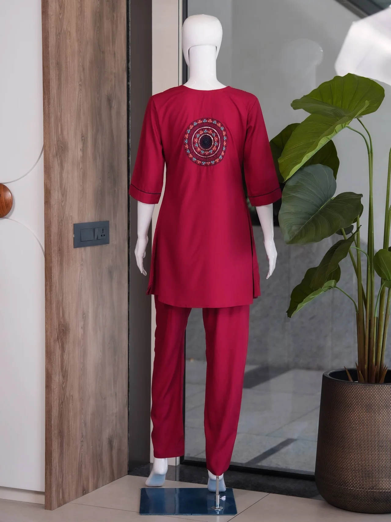 Rayon Embroidered Short Kurti Palazzo Set in Rani Pink — photo 6 of 9