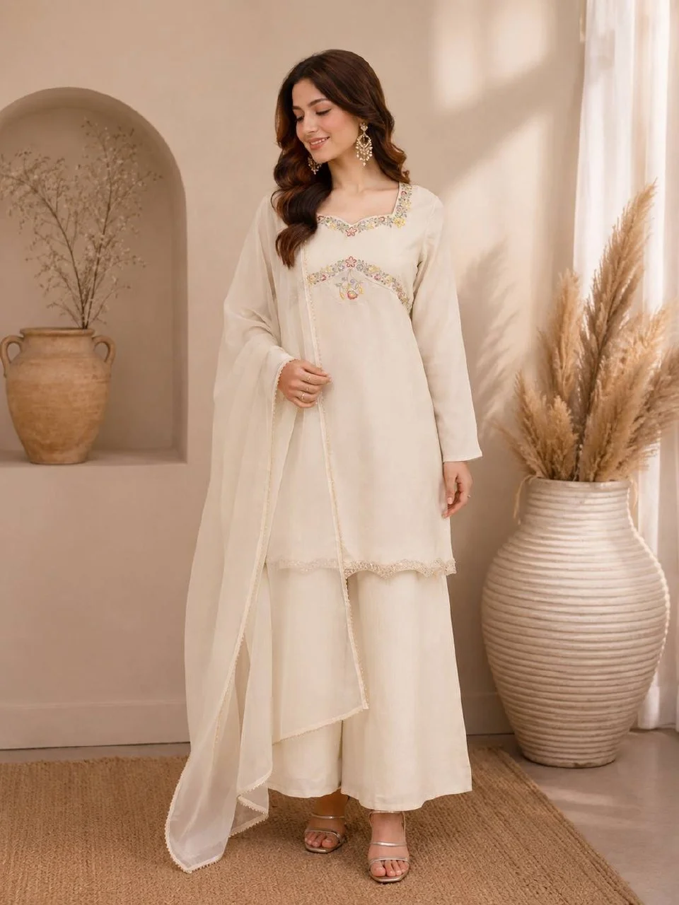Silk Sequin Kurta Set with Organza Dupatta in Off White — photo 2 of 7
