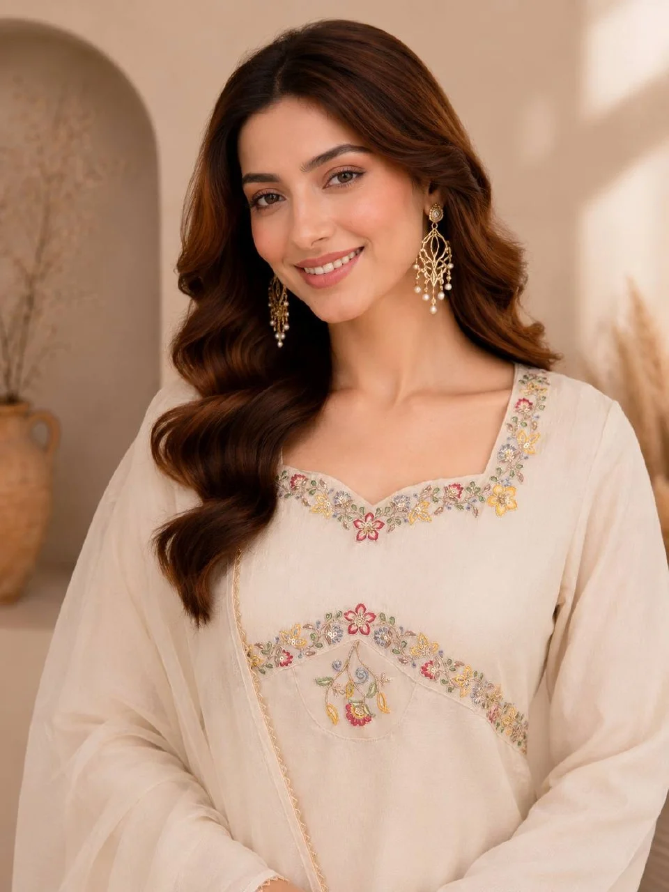 Silk Sequin Kurta Set with Organza Dupatta in Off White — photo 4 of 7