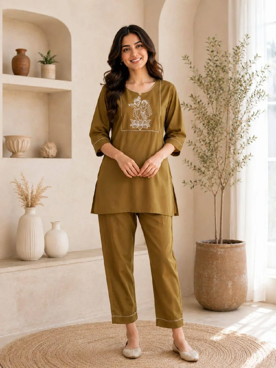 Cotton Slub Radha Krishna Kurti Palazzo Set in Olive Green — photo 2 of 8