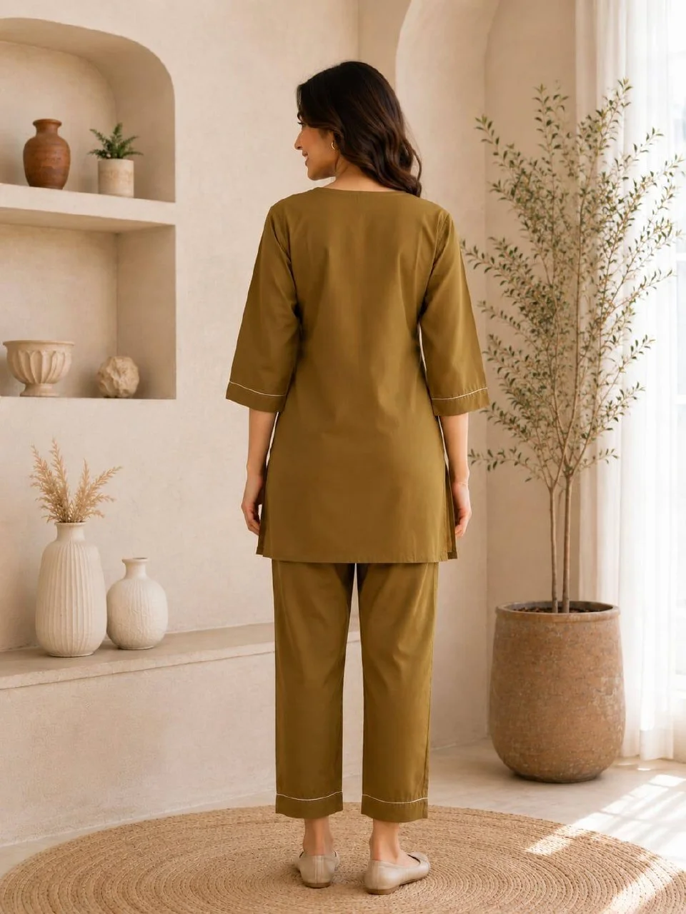 Cotton Slub Radha Krishna Kurti Palazzo Set in Olive Green — photo 3 of 8