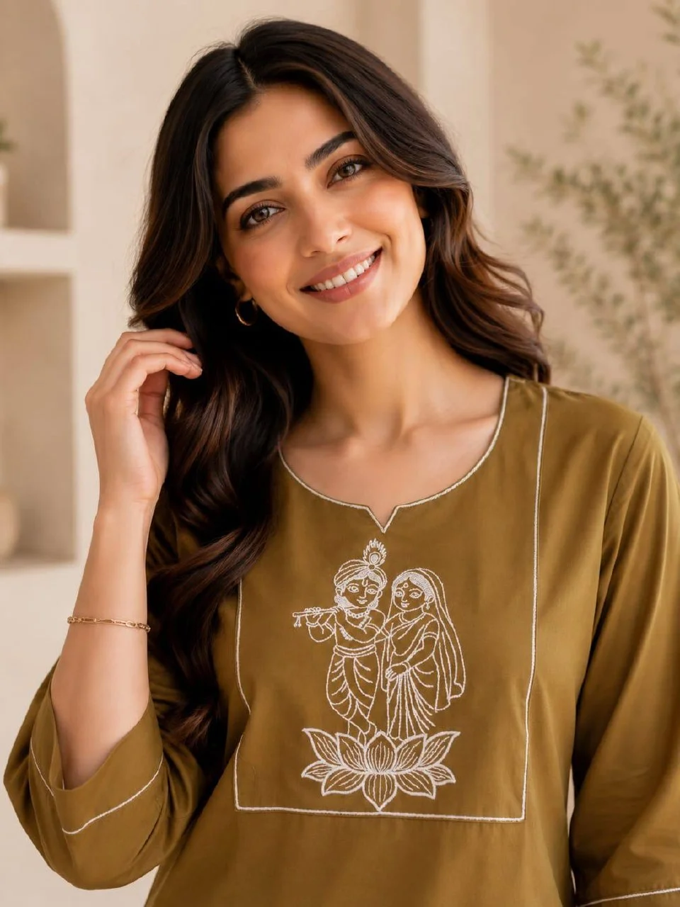 Cotton Slub Radha Krishna Kurti Palazzo Set in Olive Green — photo 4 of 8