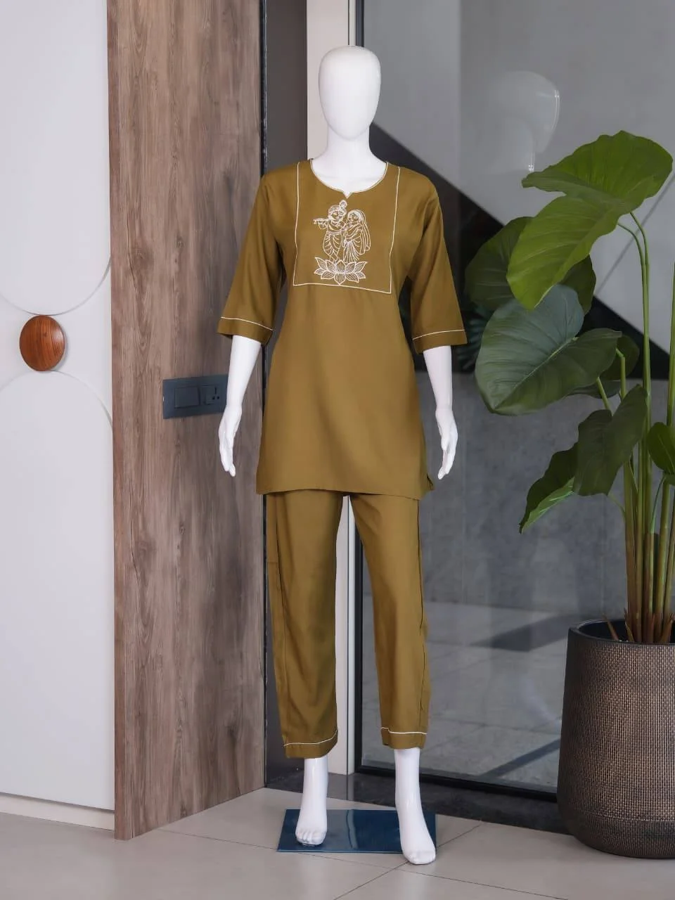 Cotton Slub Radha Krishna Kurti Palazzo Set in Olive Green — photo 5 of 8
