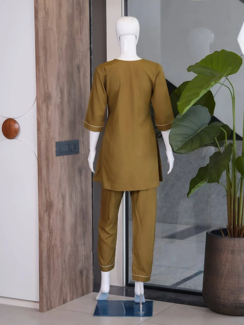Cotton Slub Radha Krishna Kurti Palazzo Set in Olive Green — photo 6 of 8
