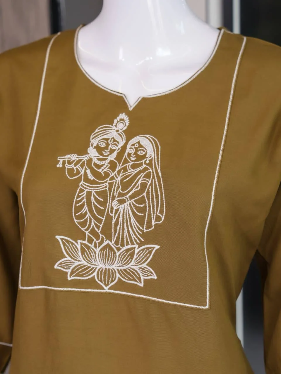 Cotton Slub Radha Krishna Kurti Palazzo Set in Olive Green — photo 8 of 8