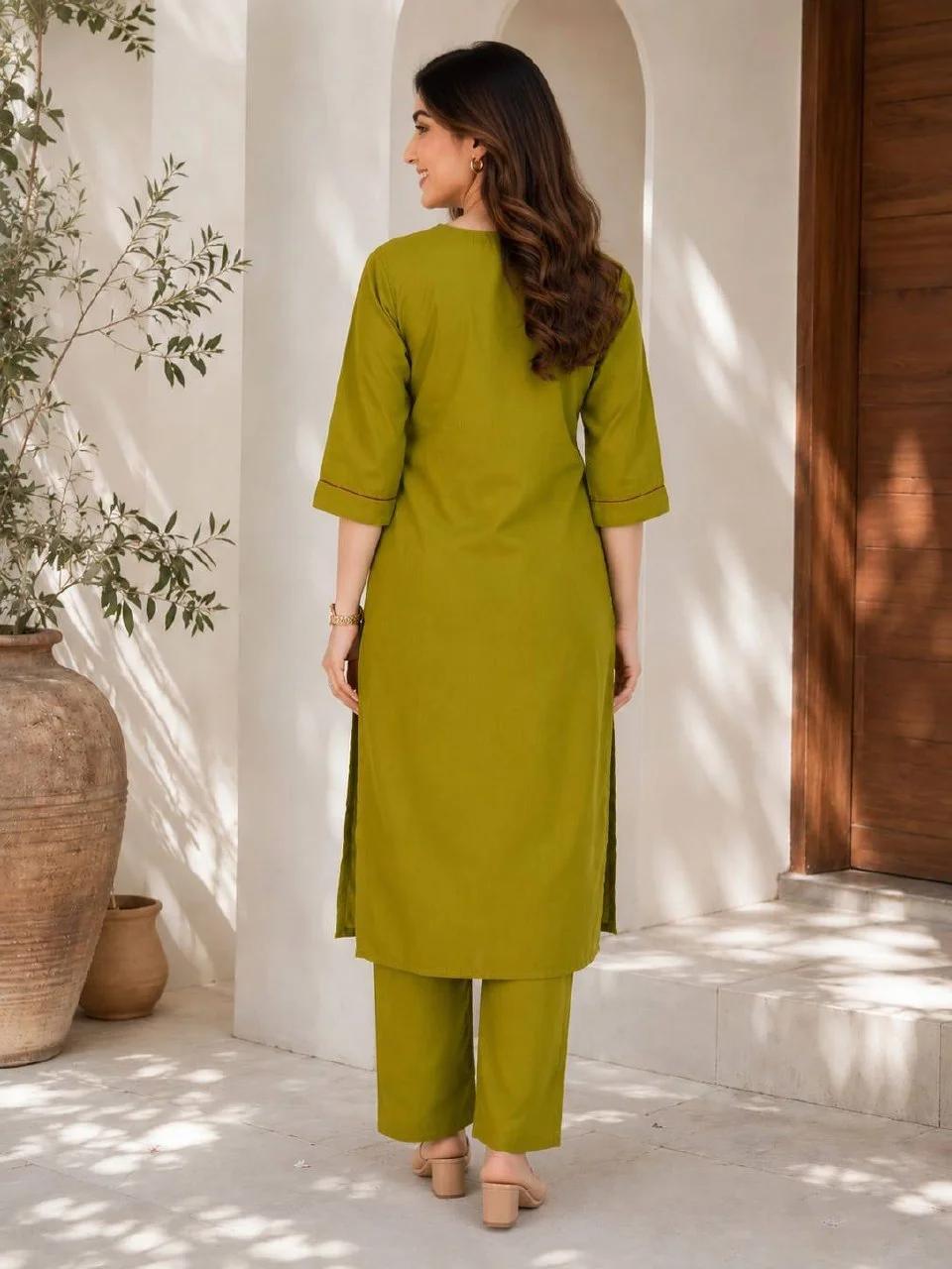 Cotton Embroidered Yoke Kurta Palazzo Set in Mehendi Green — photo 2 of 3