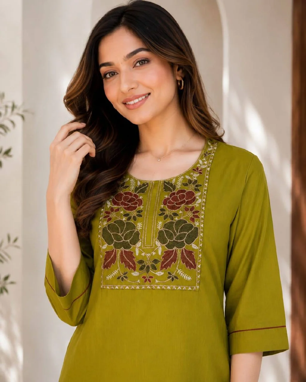 Cotton Embroidered Yoke Kurta Palazzo Set in Mehendi Green — photo 3 of 3
