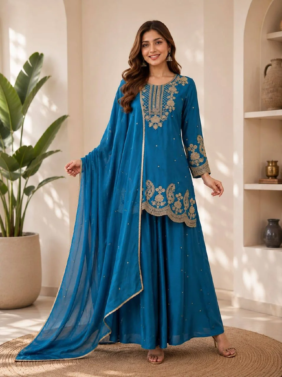Chinon Embroidered Kurta Set with Dupatta in Peacock Blue — photo 2 of 7
