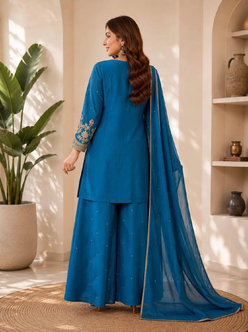 Chinon Embroidered Kurta Set with Dupatta in Peacock Blue — photo 3 of 7