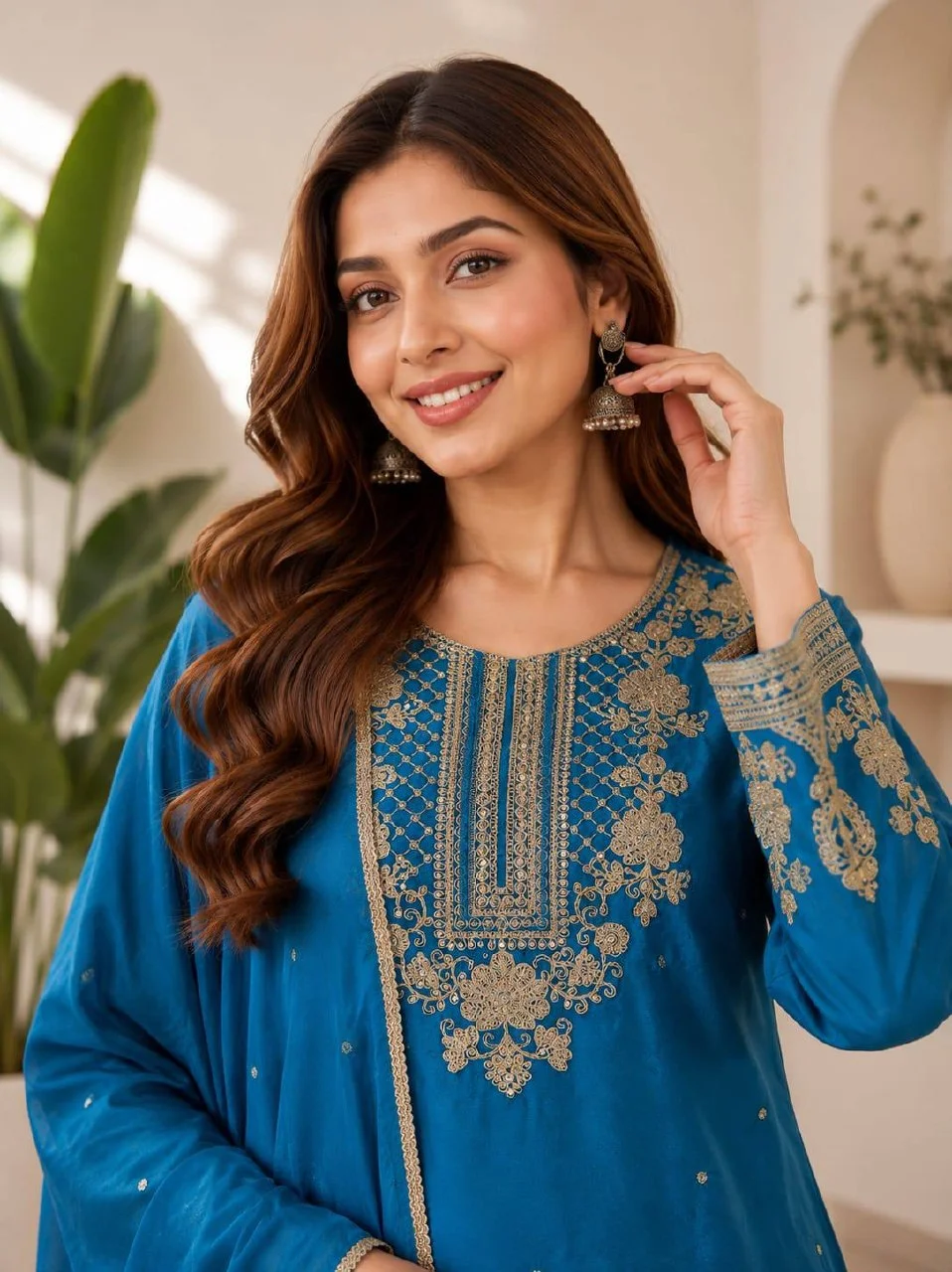 Chinon Embroidered Kurta Set with Dupatta in Peacock Blue — photo 4 of 7