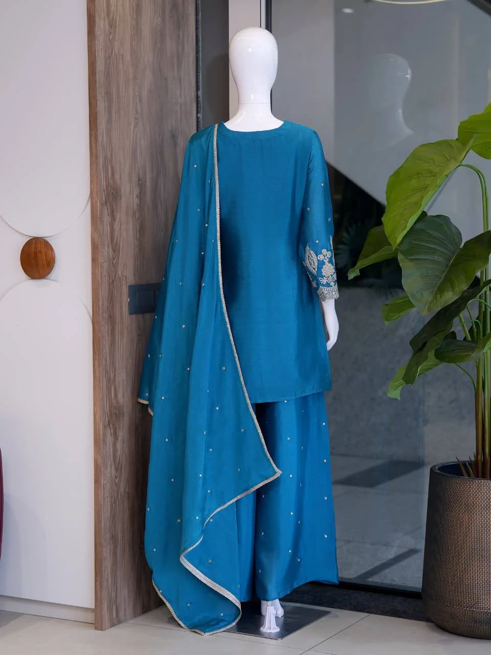 Chinon Embroidered Kurta Set with Dupatta in Peacock Blue — photo 6 of 7