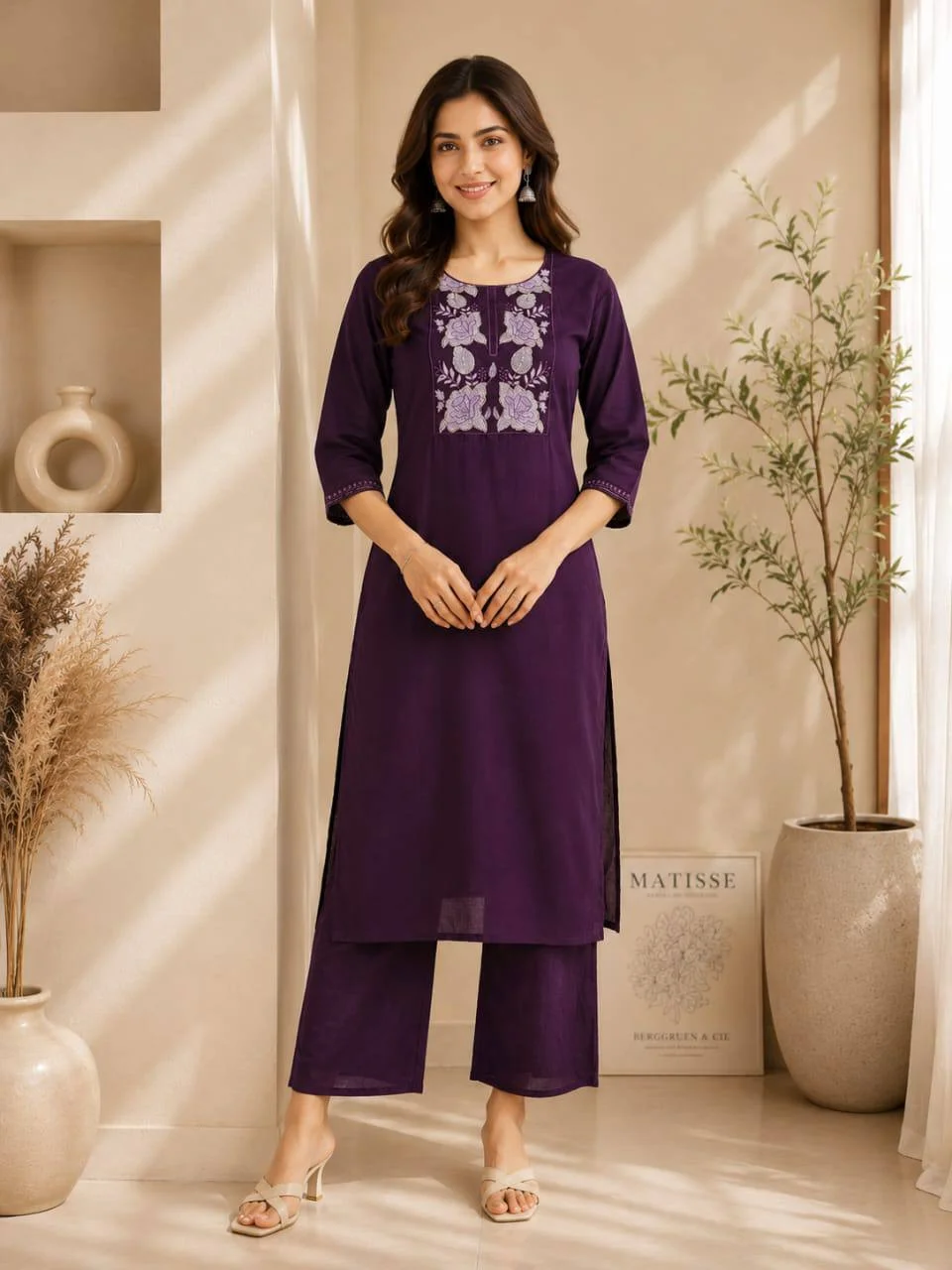 Cotton Rose Embroidered Straight Kurta Set in Purple — photo 2 of 8
