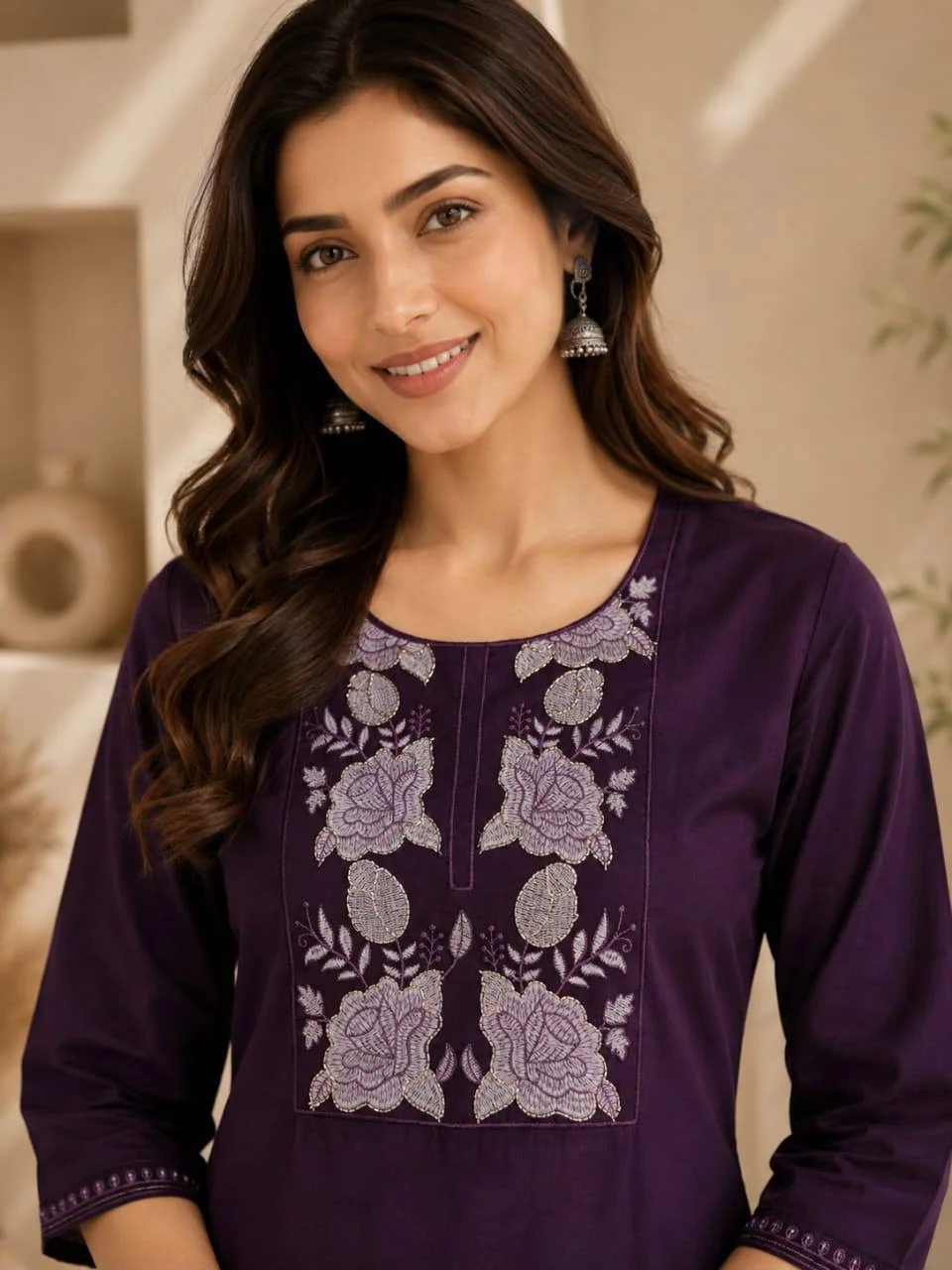 Cotton Rose Embroidered Straight Kurta Set in Purple — photo 4 of 8