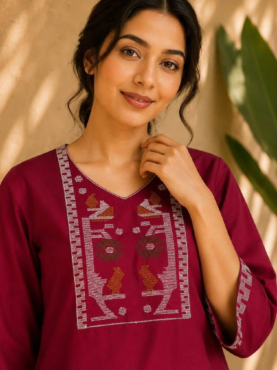 Cotton Cross Stitch Kurti Set with Palazzo in Crimson — photo 2 of 7