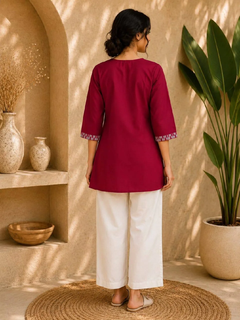 Cotton Cross Stitch Kurti Set with Palazzo in Crimson — photo 3 of 7