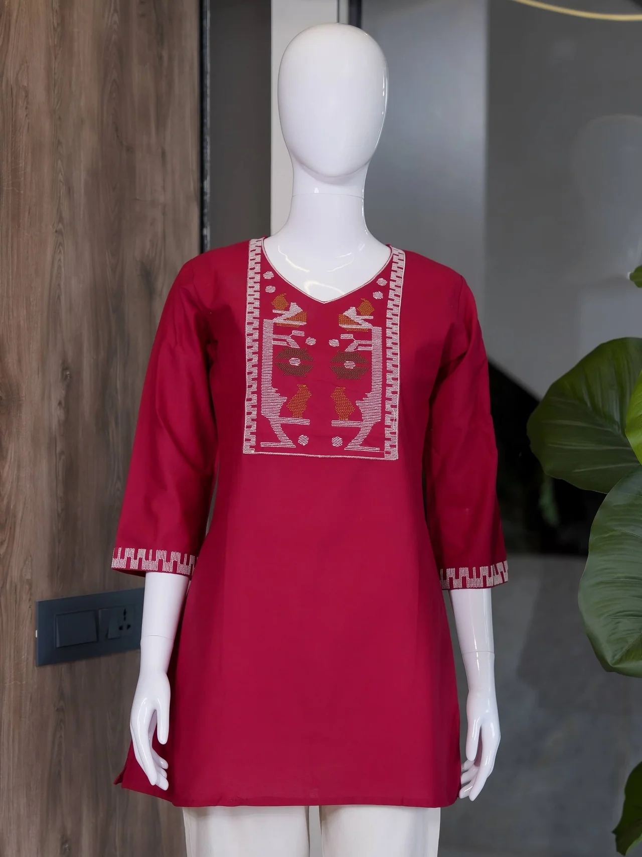 Cotton Cross Stitch Kurti Set with Palazzo in Crimson — photo 4 of 7