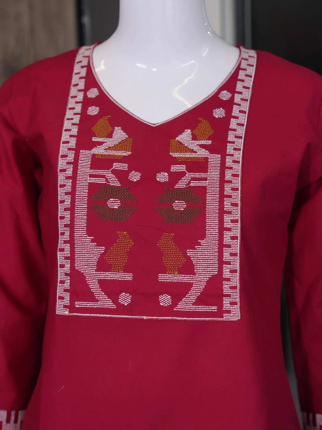 Cotton Cross Stitch Kurti Set with Palazzo in Crimson — photo 5 of 7