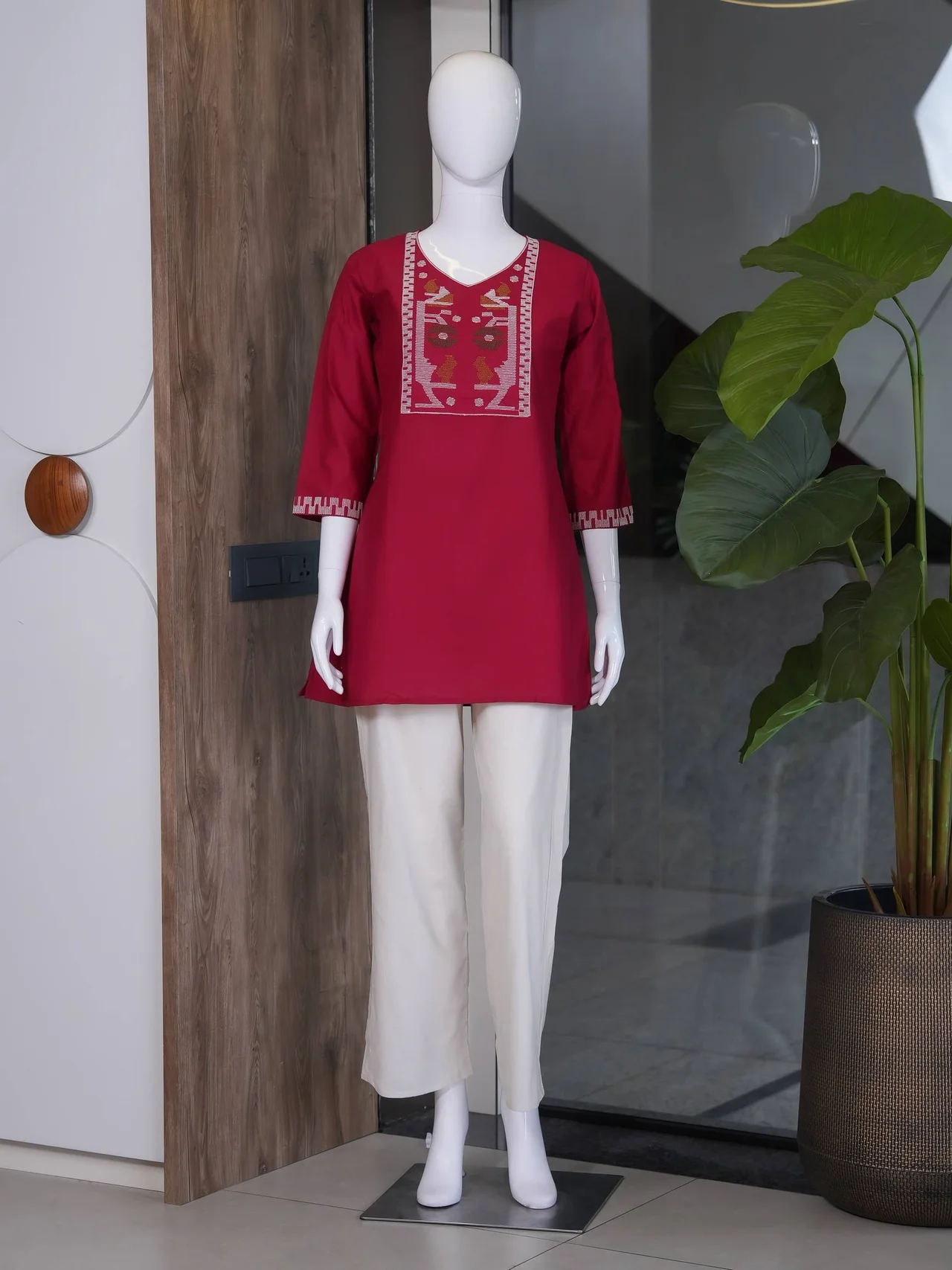 Cotton Cross Stitch Kurti Set with Palazzo in Crimson — photo 6 of 7