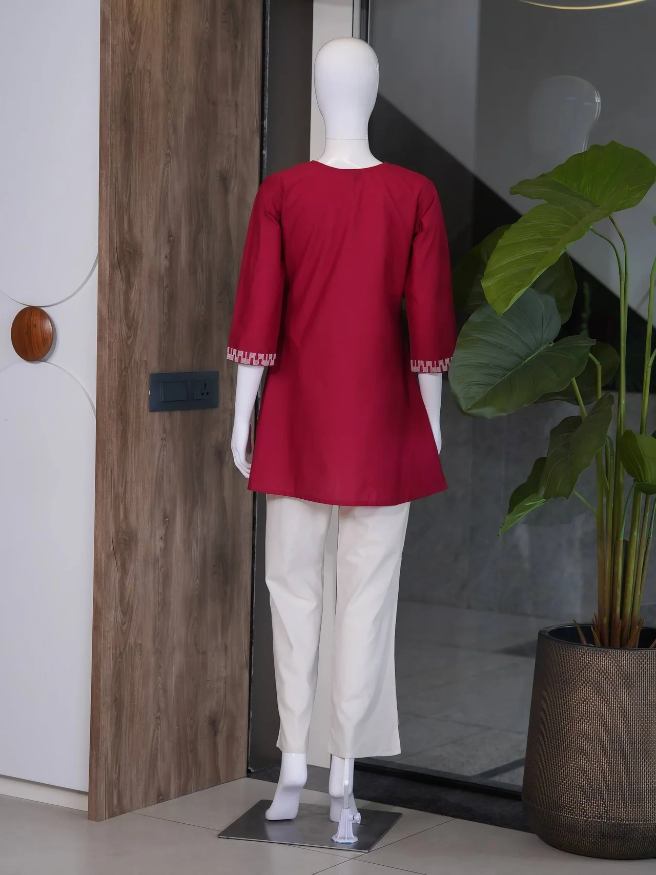 Cotton Cross Stitch Kurti Set with Palazzo in Crimson — photo 7 of 7