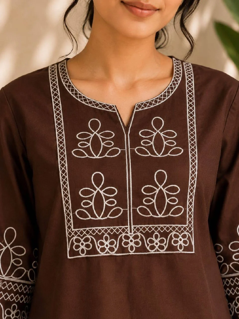 Cotton Slub Embroidered Kurti Palazzo Set in Coffee Brown — photo 2 of 7
