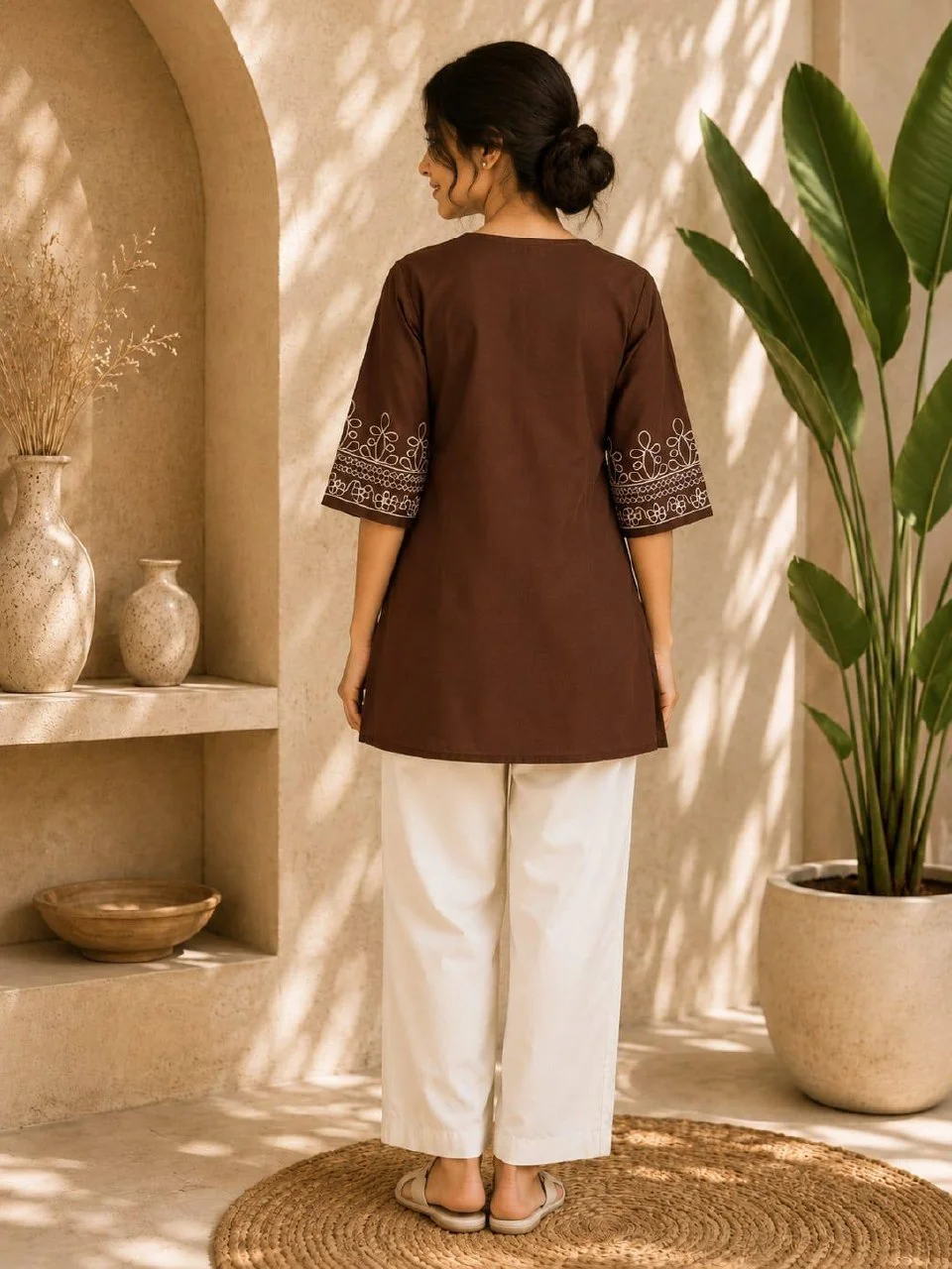 Cotton Slub Embroidered Kurti Palazzo Set in Coffee Brown — photo 3 of 7
