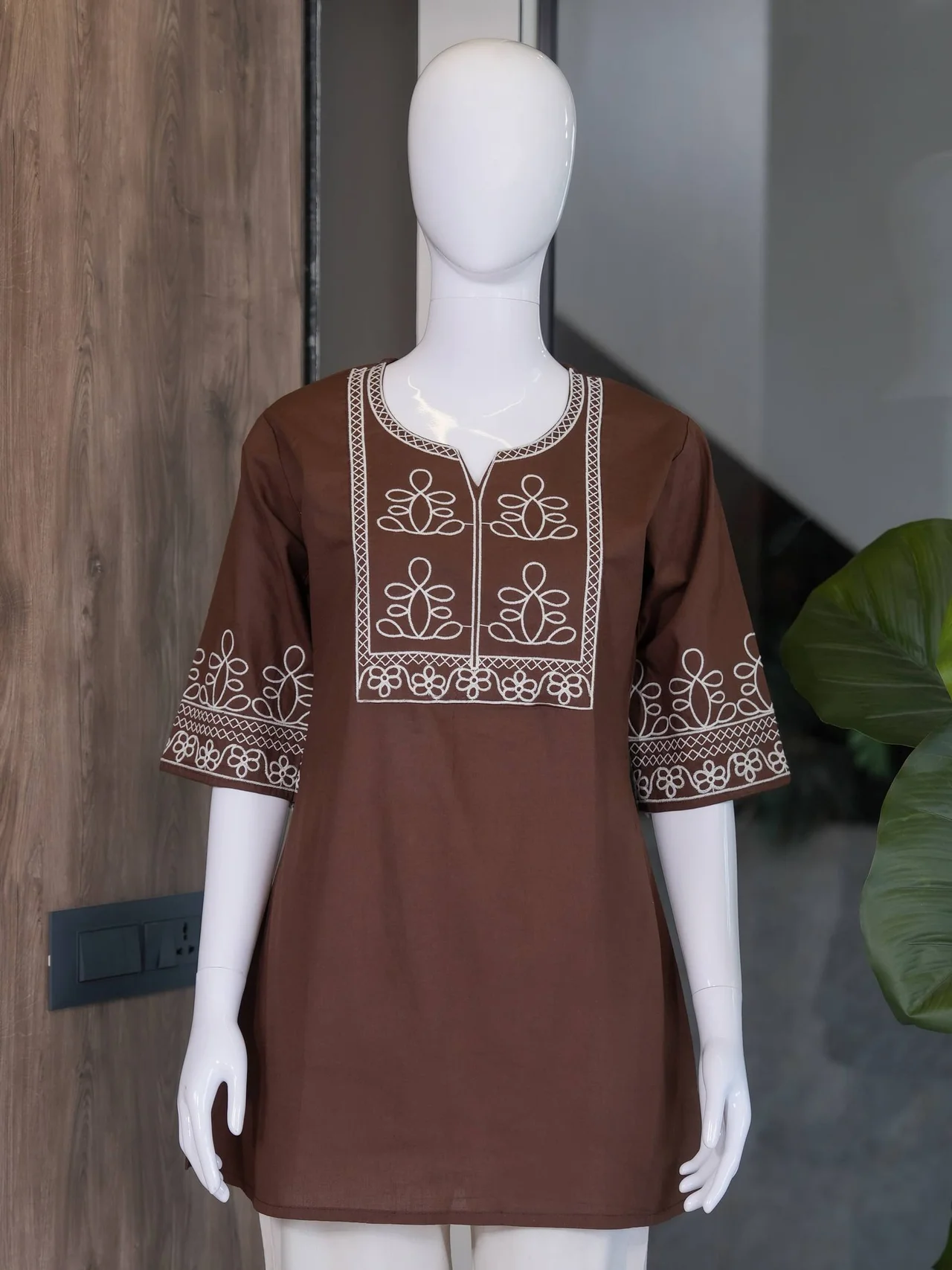 Cotton Slub Embroidered Kurti Palazzo Set in Coffee Brown — photo 4 of 7