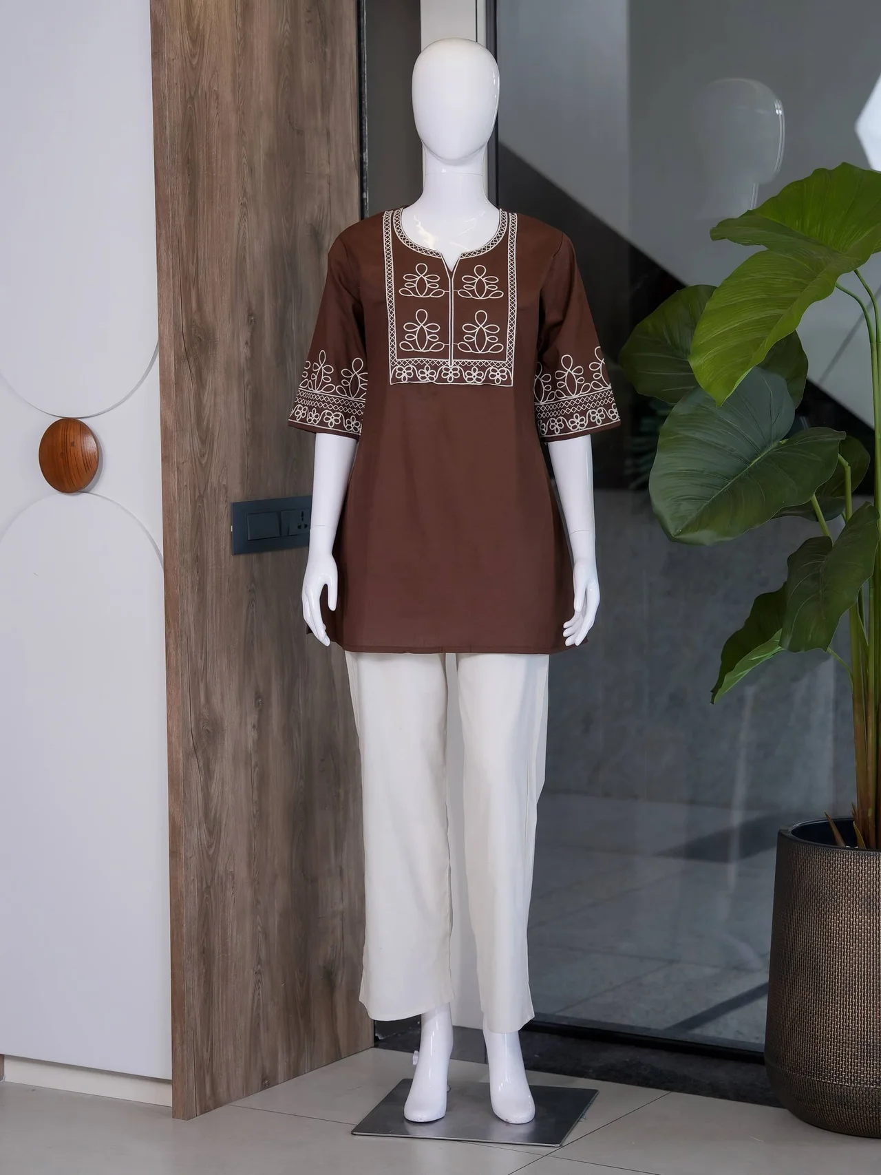 Cotton Slub Embroidered Kurti Palazzo Set in Coffee Brown — photo 5 of 7