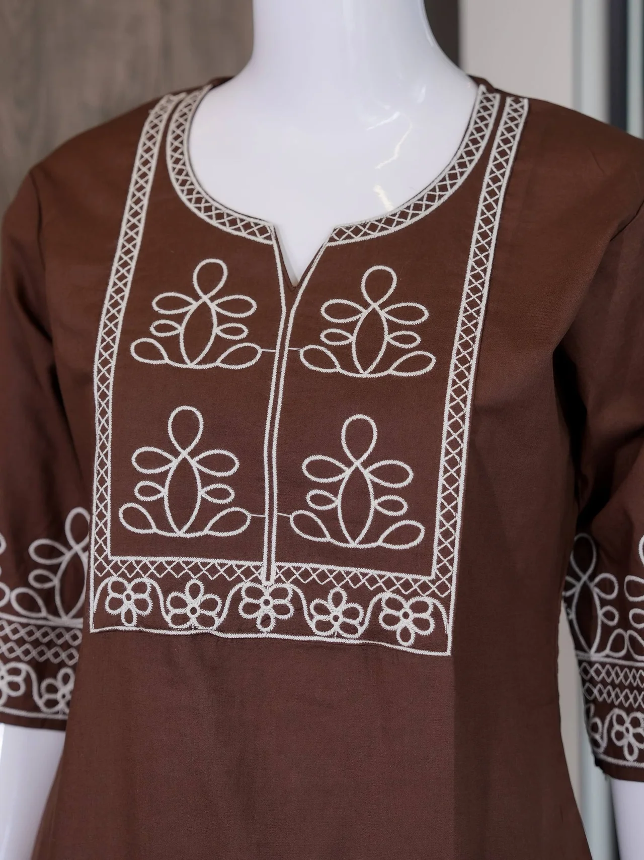 Cotton Slub Embroidered Kurti Palazzo Set in Coffee Brown — photo 6 of 7