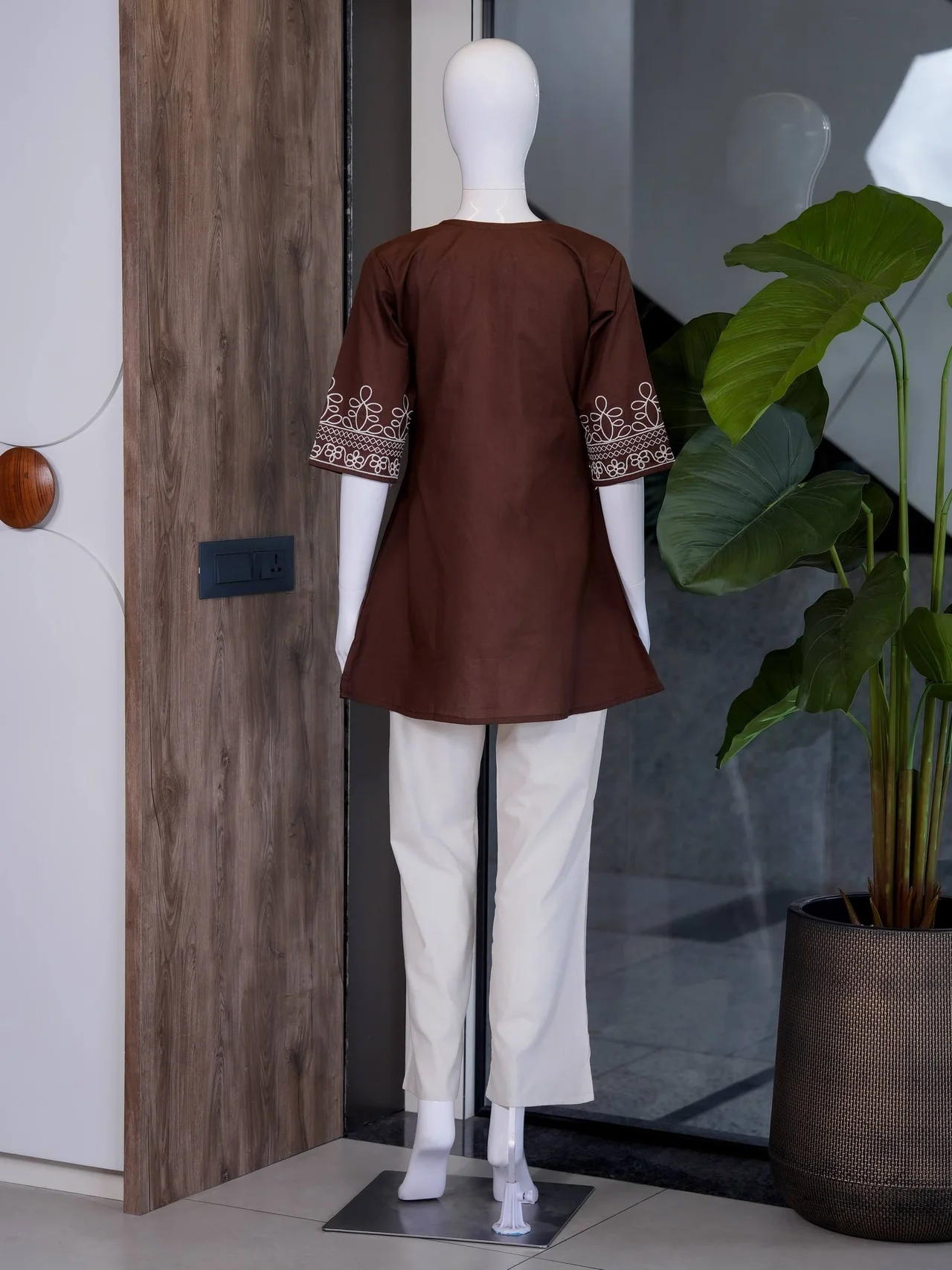 Cotton Slub Embroidered Kurti Palazzo Set in Coffee Brown — photo 7 of 7