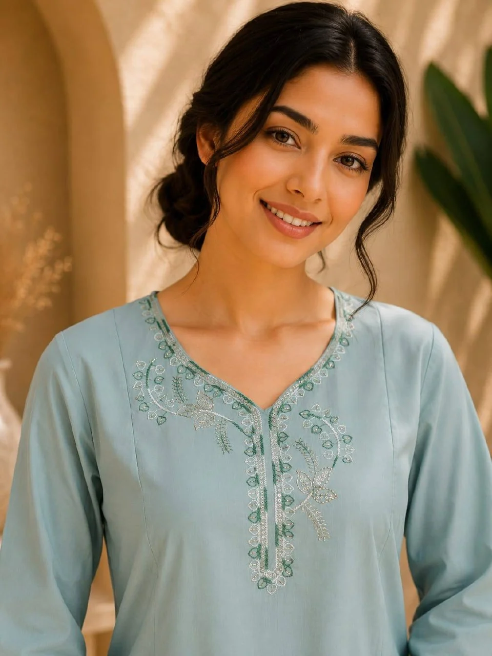 Cotton Thread Work Long Kurta with Palazzo in Powder Blue — photo 2 of 7