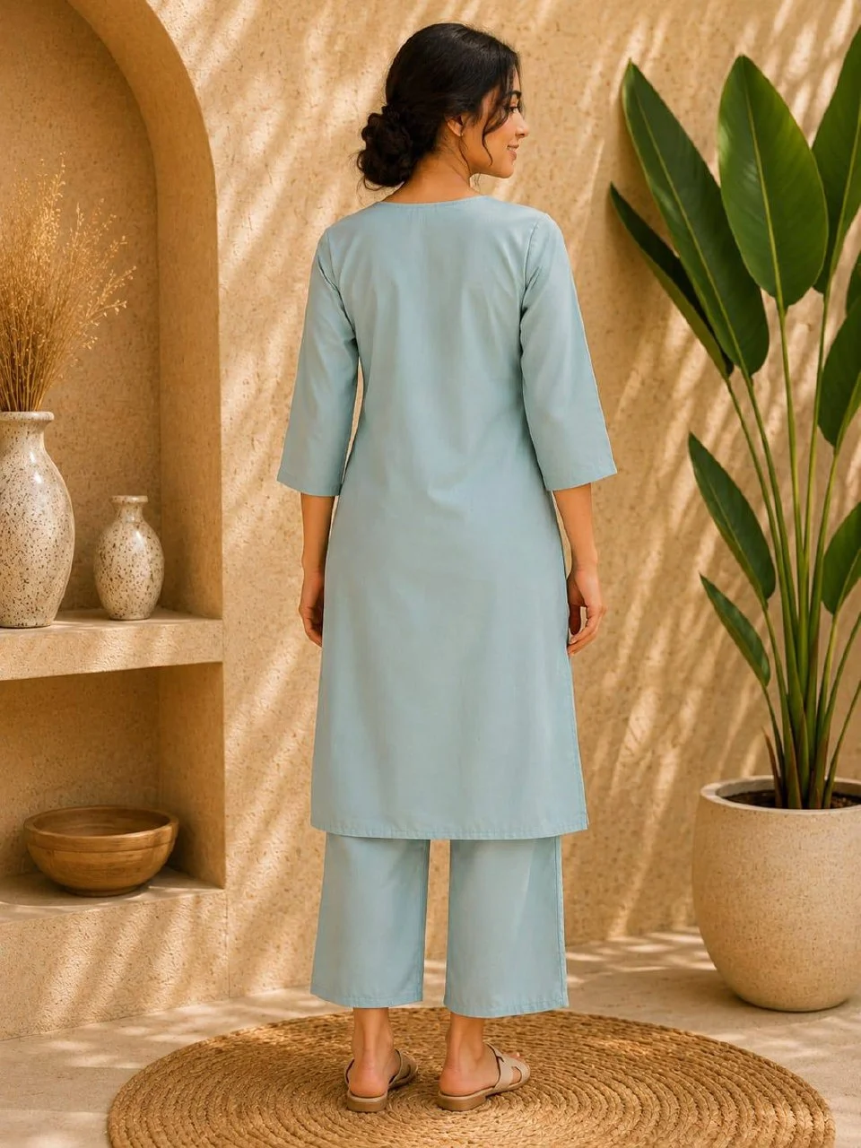 Cotton Thread Work Long Kurta with Palazzo in Powder Blue — photo 3 of 7