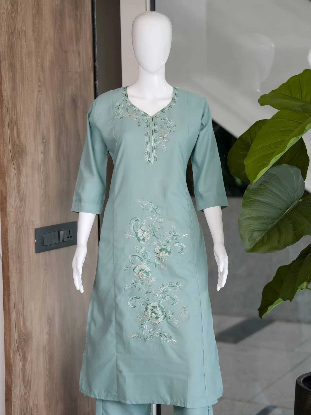 Cotton Thread Work Long Kurta with Palazzo in Powder Blue — photo 4 of 7
