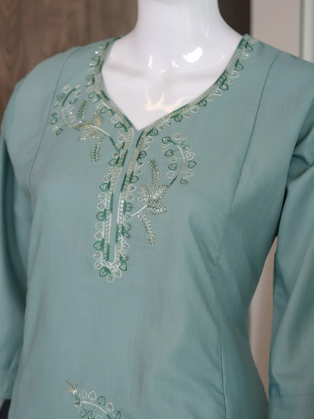 Cotton Thread Work Long Kurta with Palazzo in Powder Blue — photo 5 of 7