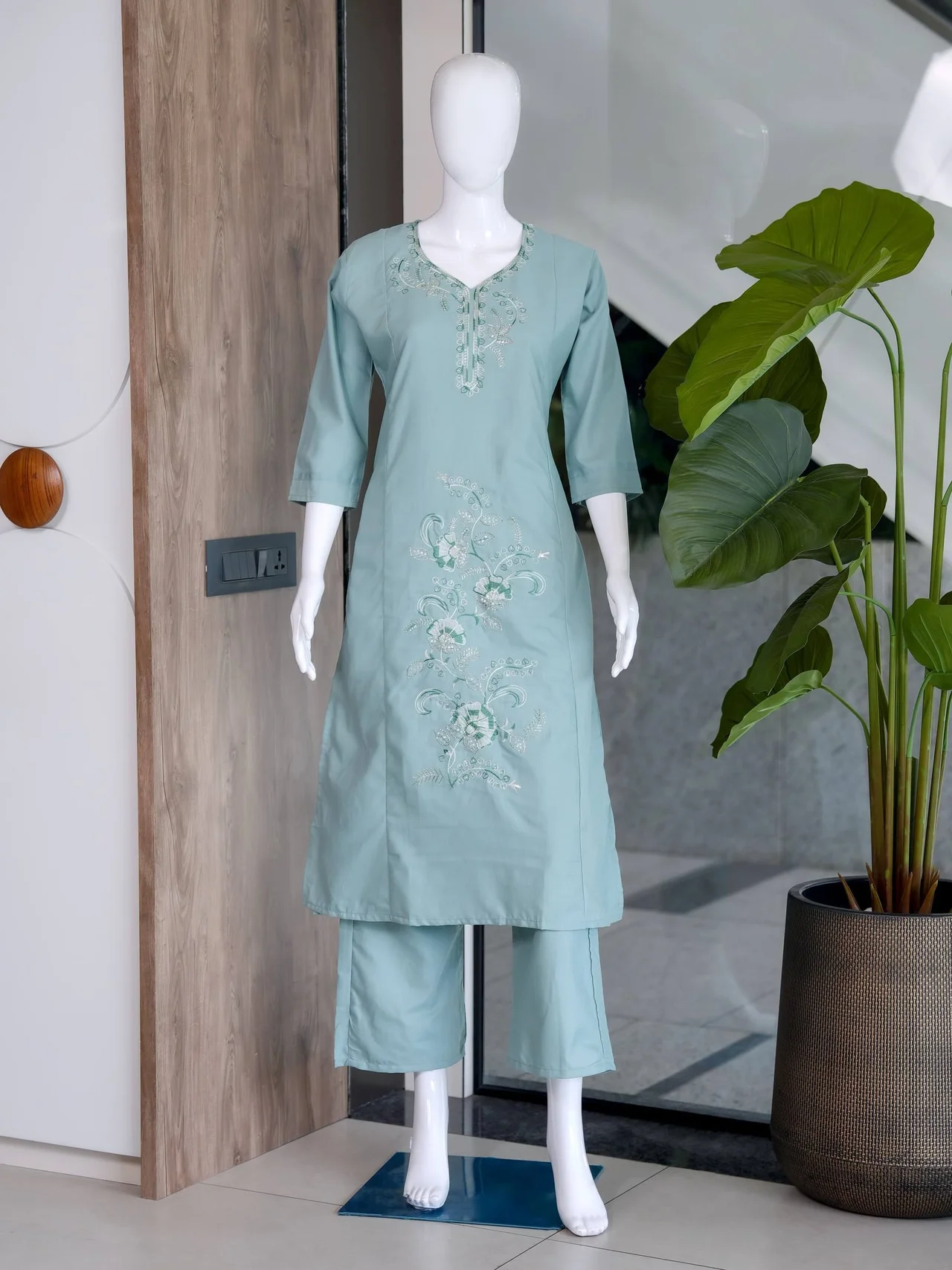 Cotton Thread Work Long Kurta with Palazzo in Powder Blue — photo 6 of 7
