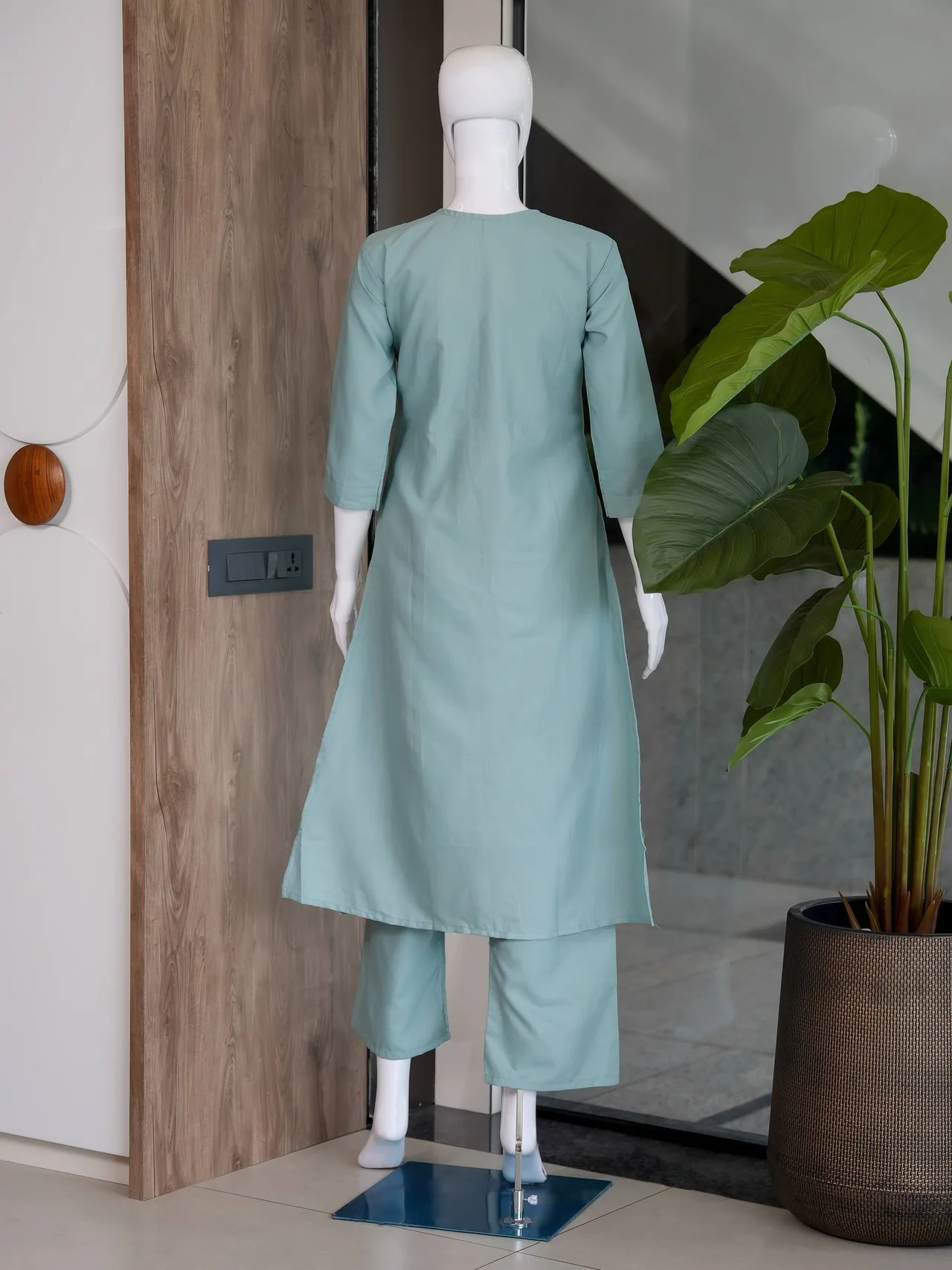 Cotton Thread Work Long Kurta with Palazzo in Powder Blue — photo 7 of 7