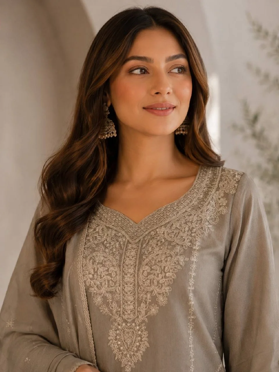 Silk V Neck Embroidered Kurta with Dupatta in Taupe — photo 2 of 6