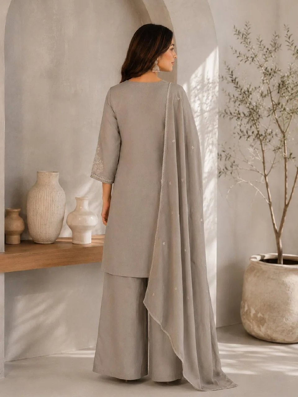 Silk V Neck Embroidered Kurta with Dupatta in Taupe — photo 3 of 6