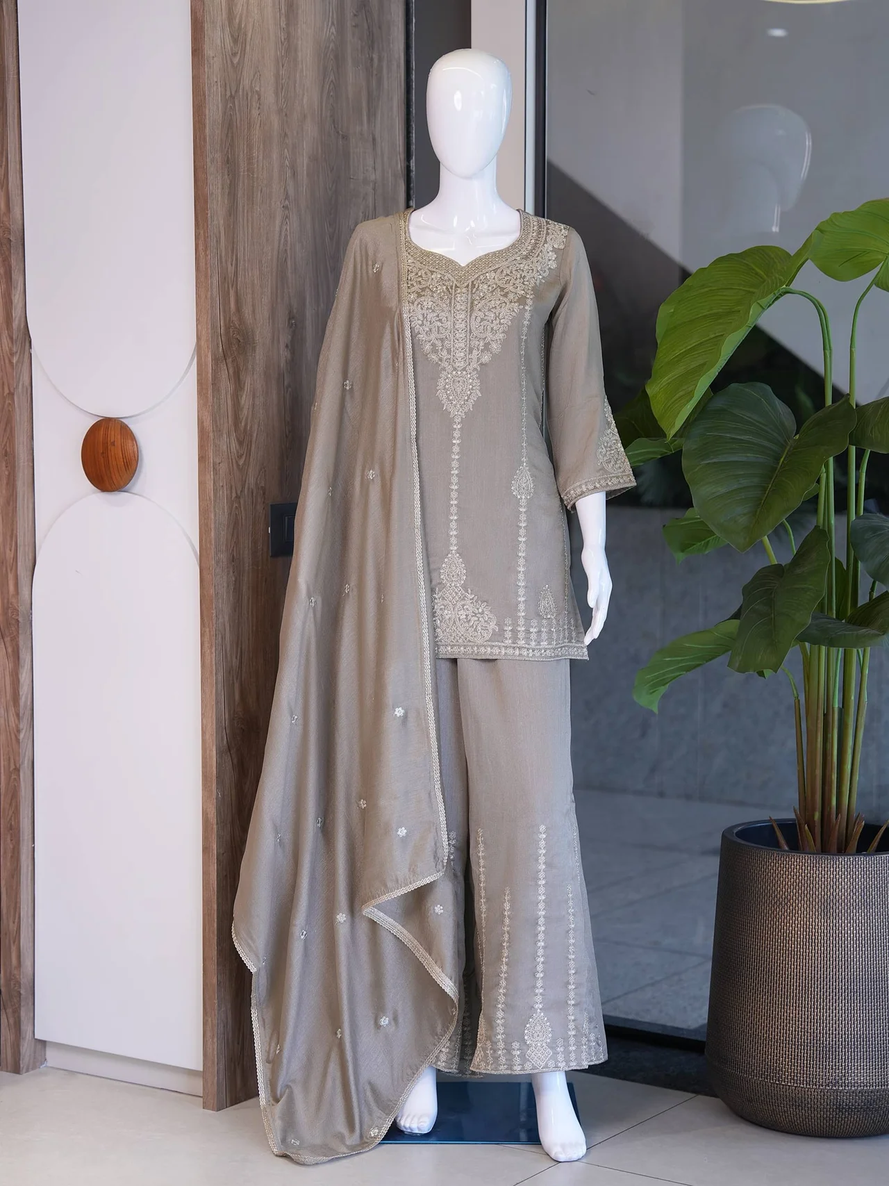 Silk V Neck Embroidered Kurta with Dupatta in Taupe — photo 4 of 6