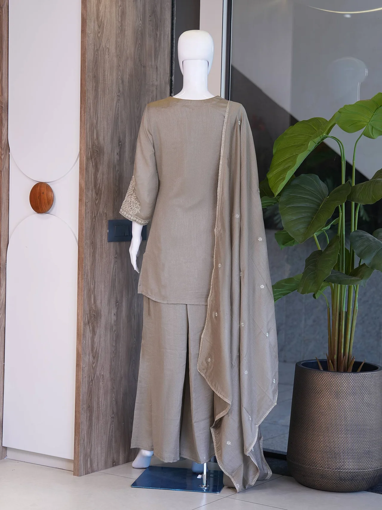 Silk V Neck Embroidered Kurta with Dupatta in Taupe — photo 6 of 6