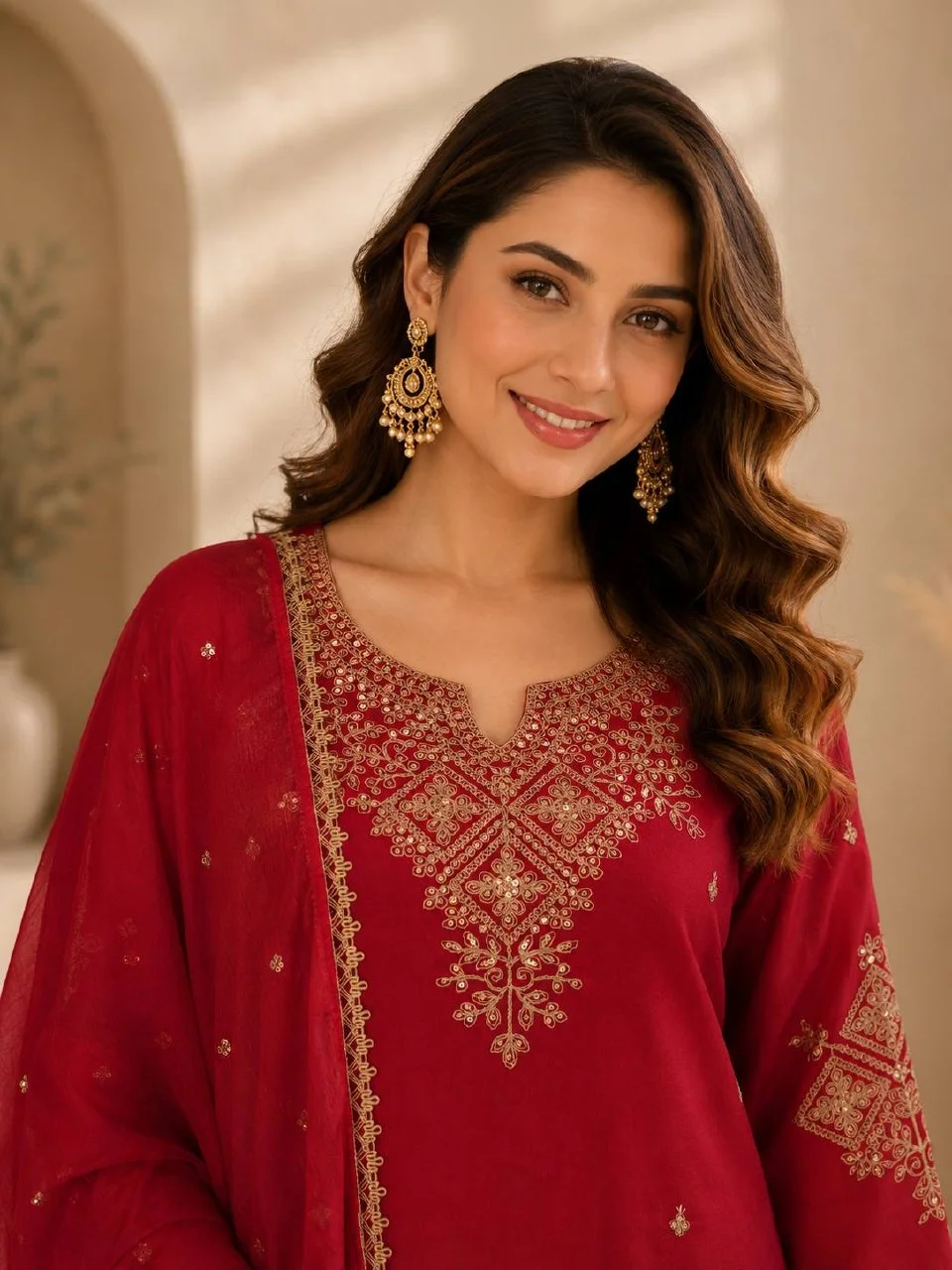 Roman Silk Sequin Kurta Set with Dupatta in Red — photo 2 of 6