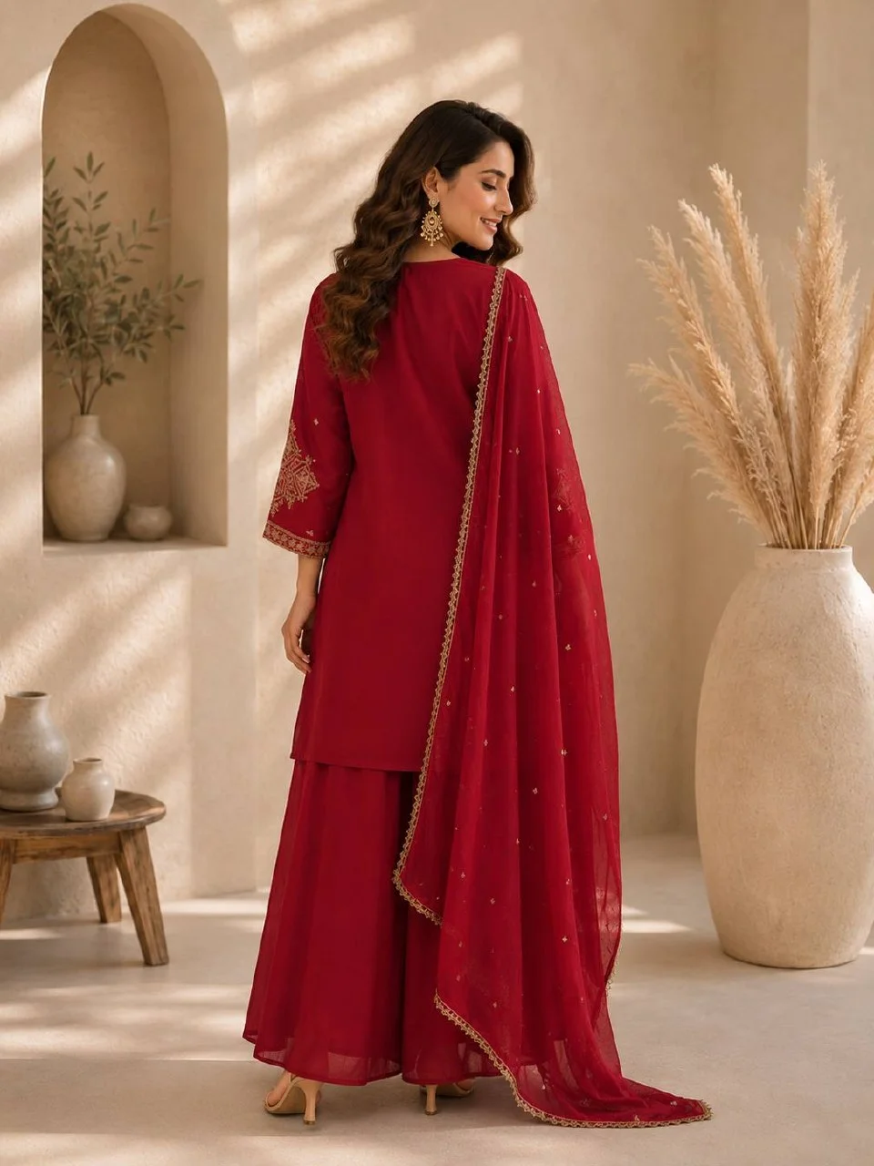 Roman Silk Sequin Kurta Set with Dupatta in Red — photo 3 of 6